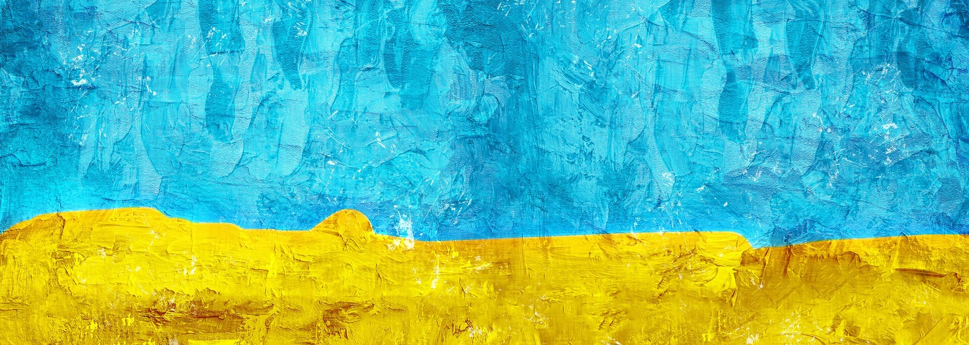 An abstract painting of a blue sky made from heavy brushstrokes above a yellow desert made from similar strokes. Could also be interpreted as a beach and ocean.